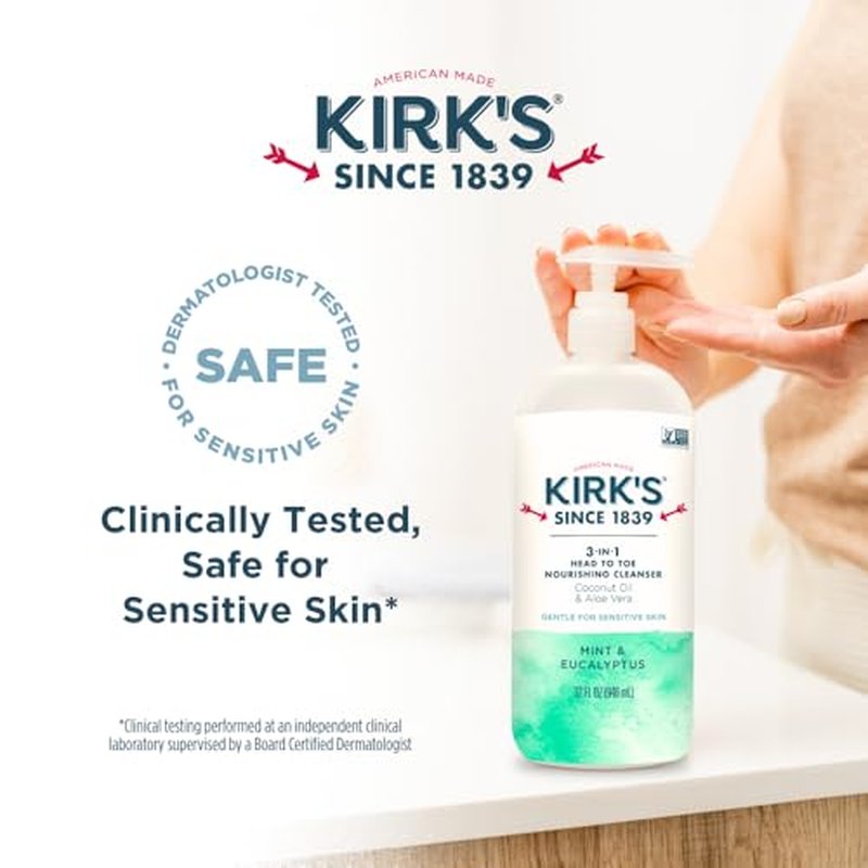 Kirk's 3-in-1 Head to Toe Nourishing Liquid Cleanser & Travel Size Bar Soap - for Men, Women & Children - Premium Coconut Oil & Aloe Vera- Non GMO & Vegan -Mint & Eucalyptus - 32 Fl Oz