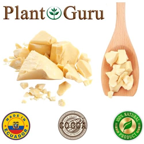 Plant Guru Raw Cocoa Butter 16 oz. / 1 lb. 100% Pure Unrefined FOOD GRADE Arriba Nacional Cacao Bean, Bulk Rich Chocolate Aroma For Lip Balms, Stretch Marks, DIY Base For Body Butters & Soap Making