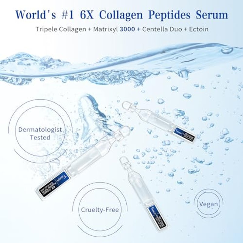 6X Deep Collagen Serum, Silk Peptide Serum for Face with Collagen & Multi Peptides, Anti-Aging Hydrating Serum Ampoule, Korean Skincare for Wrinkles & Radiance, 0.05 fl.oz x 30e