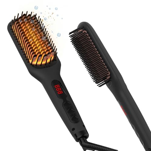 Black Ceramic Ionic Hair Straightener Brush - Fast Heat Up, Dual Voltage