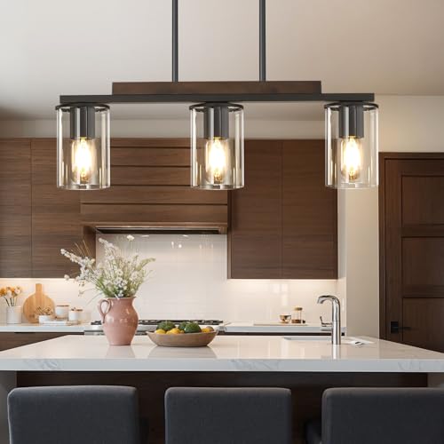 Farmhouse Style Black Pendant Light with Clear Glass Shade - 3 Light Linear Chandelier for Kitchen Island