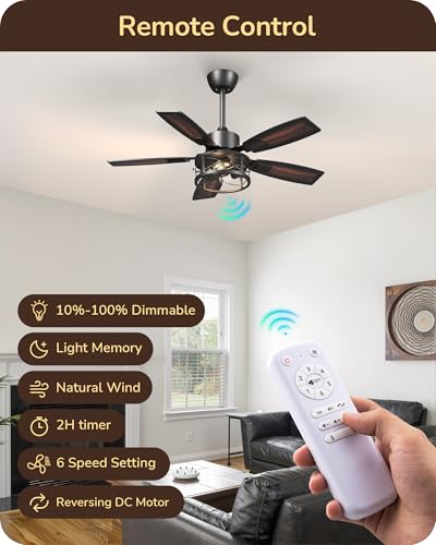 EDISHINE 42-inch Farmhouse Ceiling Fan with Light & Remote, Dimmable & Reversible, Red Gradient Black & Light Oka Variant