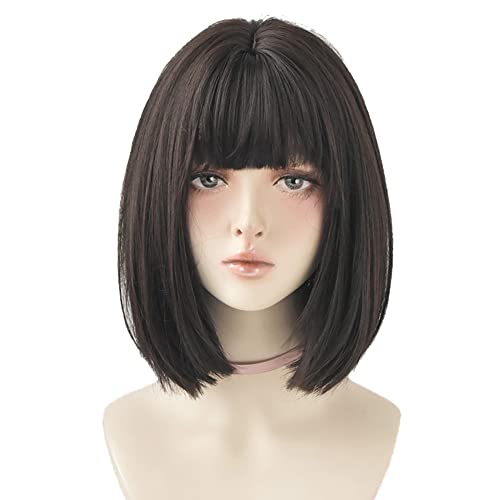 12 Inch Black Short Bob Wig with Bangs - Straight Synthetic Hair for Women