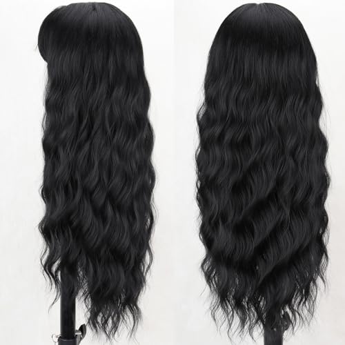 Long Black Wig with Bangs - Wavy Synthetic Hair for Women - Variation: Black
