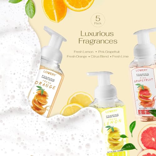 Foaming Hand Soap Pump Set - 5-Pack Citrus Fragrance with Aloe Vera & Essential Oils - 8.7 Fl Oz Each - Lemon, Orange, Lime, Grapefruit Variations