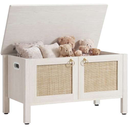 White Cream Oak Rattan Storage Bench with Safety Hinges - Boho Chest