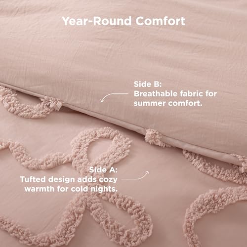 Full Size Pink Comforter Set with Bow Embroidery – 3 Pieces Tufted Rose Pink Bedding