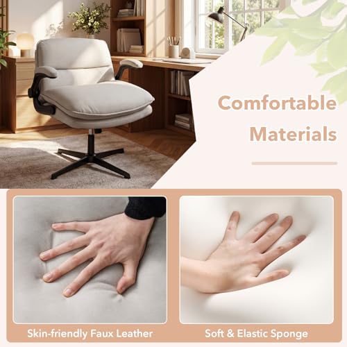 Giantex Beige Criss Cross Office Chair with Flip-Up Arms - 30" Wide Padded Seat, Ergonomic Swivel Desk Chair for Home & Bedroom