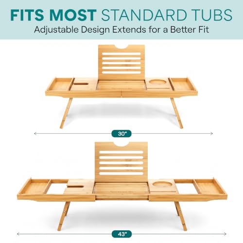 Bamboo Bath Caddy Tray for Tub & Bed with Adjustable Arms, Waterproof, Wine & Soap Holder