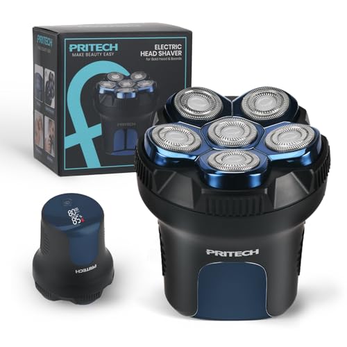 PRITECH Electric Head Shaver for Bald Men - Blue, 6 Floating Rotary Heads, Waterproof & Cordless