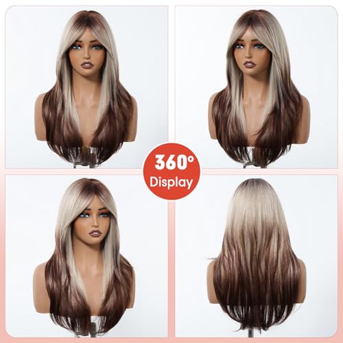 Allbell Blonde Brown Ombre Long Straight Wig with Bangs for Women - 24 Inch, Heat-Resistant Synthetic Hair