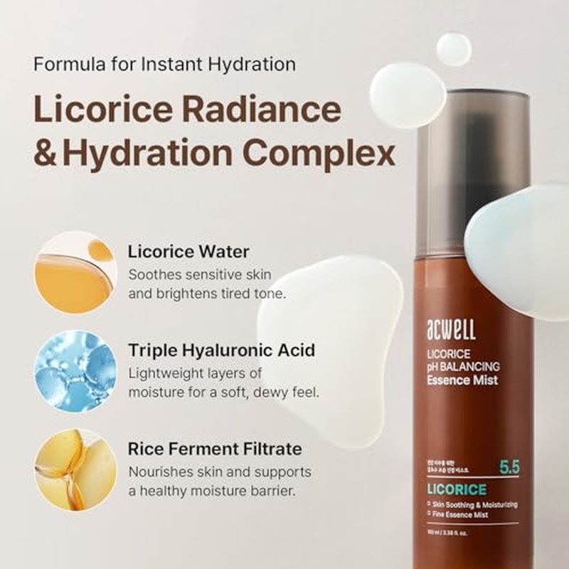ACWELL Licorice pH Balancing Essence Hydrating Face Mist ? Ultra-Fine Facial Spray with Licorice, Triple Hyaluronic Acid & Panthenol, Soothing Hydration & Barrier Repair for Sensitive Skin, 3.38 fl oz