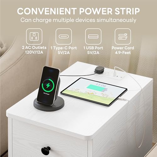 White Nightstand with Charging Station, 3 Drawers Modern Bedroom Side Table