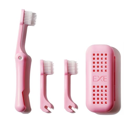 MiniBox Folding Travel Toothbrush Set with 2 Extra Heads, Pink, Compact & Refillable