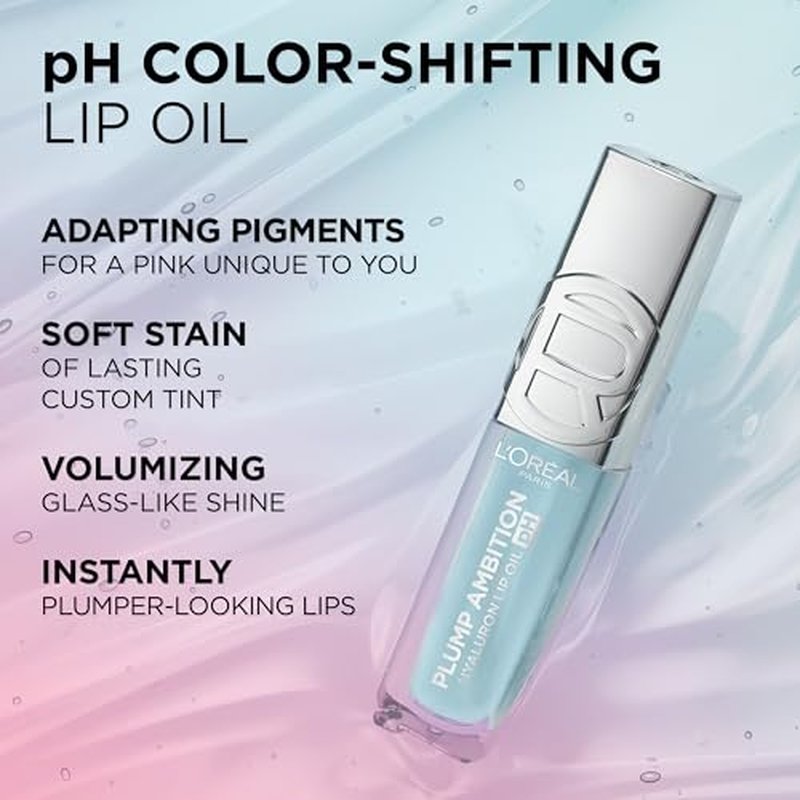 L'Oreal Paris Plump Ambition pH Hyaluron Lip Oil, Color Shifting Lip Tint with 24HR Hydration, Volumizing Shine and Lasting Color, 020 pH Ros?