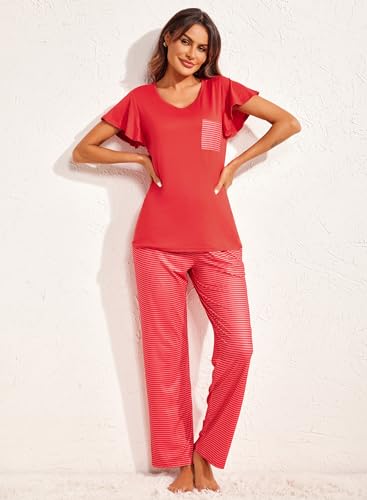 Ekouaer 2-Piece Pajama Set for Women Red Stripes & Blue Polka Dots XX-Large