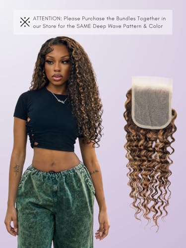 Honey Blonde Deep Wave Closure 12 Inch Human Hair 4x4 HD Lace Pre Plucked Ombre Brown