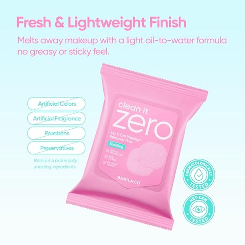 BANILA CO Clean It Zero Soothing Lip & Eye Makeup Remover Pads | Dual-Texture Cleansing Wipes for Waterproof Makeup | Gentle, Refreshing Finish with Natural Oils (30 Pads*2 Pack)