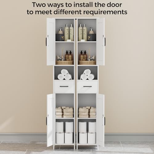 Homhedy 67-Inch Tall Bathroom Storage Cabinet - White, Reversible Doors & Adjustable Shelves