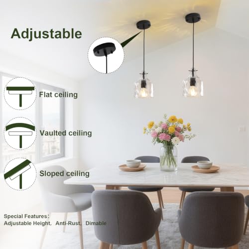 2 Pack Black Hammered Glass Pendant Lights - Adjustable Farmhouse Kitchen Island Fixture