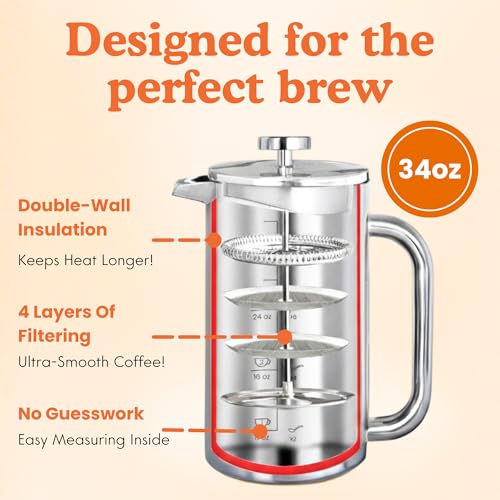 Stainless Steel French Press Coffee Maker 34 oz Pack of 2 - No Plastic, Heavy Metals, Variation of THIS listing