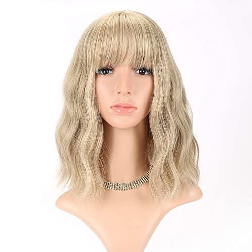 Blonde Wave Short Bob Wig with Air Bangs - Curly Wavy Shoulder Length Cosplay Hair - Mix Blonde and Gold - Variation of THIS listing