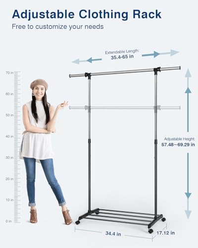 Heavy Duty Adjustable Garment Rack with Wheels - Black & Chrome, 34 x 17 x 69 inch