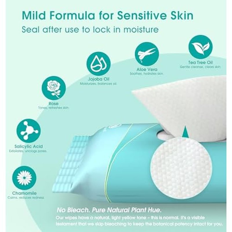 Facial Cleansing Wipes, Tea Tree Oil Extract for Face Cleansing, Salicylic Acid for Acne Treatment, Hydrating Pore Care for Sensitive Skin, Exfoliating & Soothing Double-Sided Cleansing Wipes (56PCS)