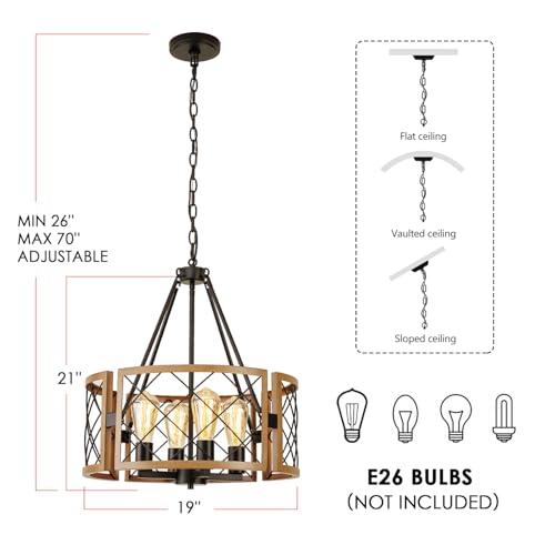 Farmhouse Chandelier Pendant Light Fixture - 4-Light Adjustable Vintage Pendant for Dining & Entryway - Dark Oak & Black