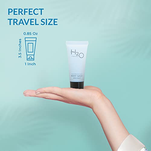 Travel Size Hotel Body Wash 20 Count 0.85 oz Bottles Guest Amenities for Hotels Vacation Rentals and Short Term Rentals Paraben Free Green Tea Scent Infused with Aloe and Olive Oil by H2O Therapy