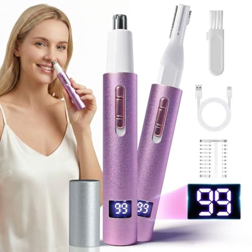 Nose and Ear Hair Trimmer with LED Display for Women Men,2 in 1 Eyebrow Hair Trimmer with USB Rechargeable,2026 Portble Waterproof Facial Hair Removal with Dual-Edge Blades (Purple)