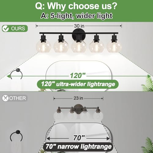 Matte Black 5-Light Bathroom Vanity Light Fixture with Clear Glass Globes - Reversible Wall Sconce for Bathroom, Bedroom, Hallway, Living Room, Porch - Indoi