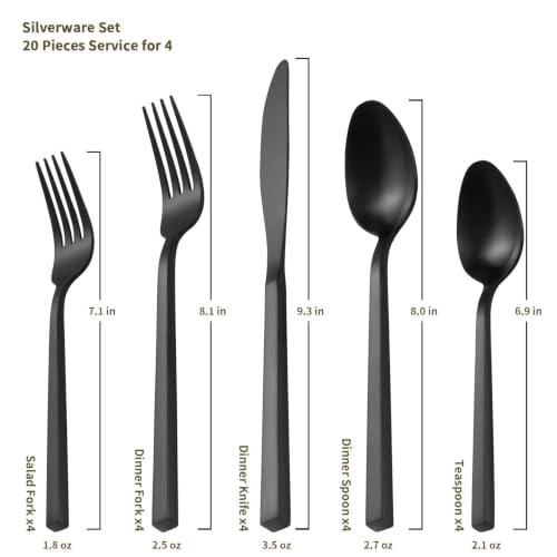 Alata Black 20-Piece Flatware Set for 4 - Forged Stainless Steel Dinnerware