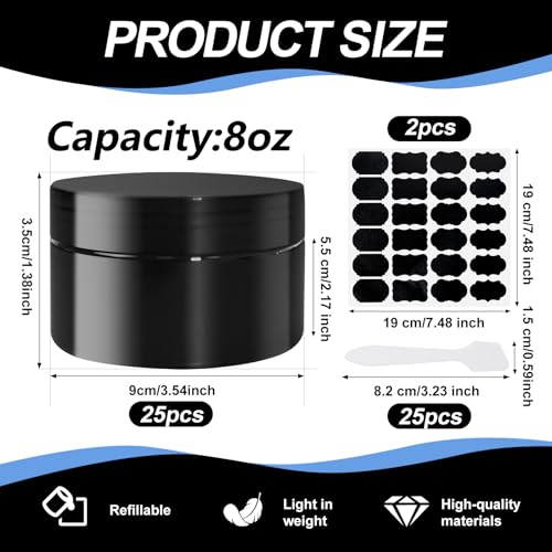 25 Pcs Black Plastic Cosmetic Jars 8oz Refillable Travel Containers with Lids