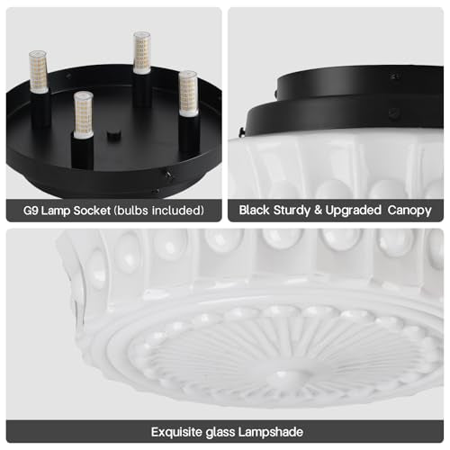 Milk White Ceiling Light Fixture - 13.8'' Flush Mount Vintage Farmhouse Design with 4 LED Bulbs - Variation: Milk White C