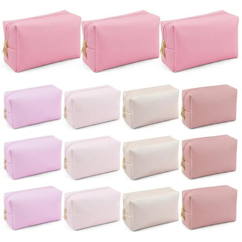 15 Pcs Pink Makeup Bag Bulk PU Cosmetic Pouches Preppy Waterproof Travel Toiletry Bags Aesthetic Storage Organizer Bags Party/Birthday Gift Favors for Teen Girls Women(Pink Series)