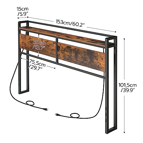 Queen Size Headboard with Outlets & USB Ports, Rustic Brown & Black, Adjustable Storage Rack