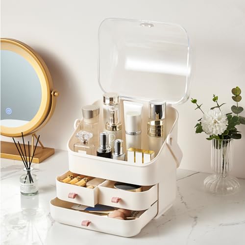 Large Makeup Organizer w Drawers Beauty Organizer Makeup Box Holder Vanity Organization Desk Countertop MakeUp Organizers Bathroom Counter Organizer Skincare Cosmetic Case Stand Dustproof Lid Gift