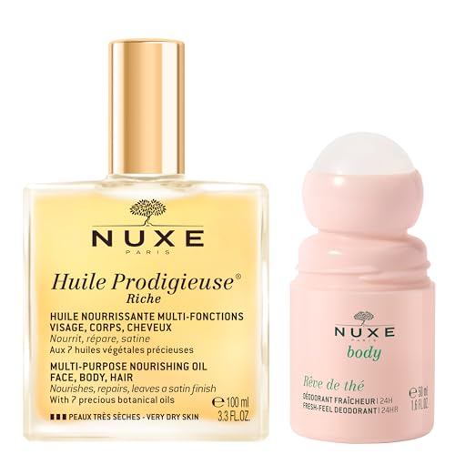 NUXE Huile Prodigieuse Riche Nourishing Oil (3.3 Fl Oz) & R?ve de Th? Aluminum-Free Deodorant (1.6 Fl Oz), Skincare Duo for Intense Hydration & 24-Hour Freshness