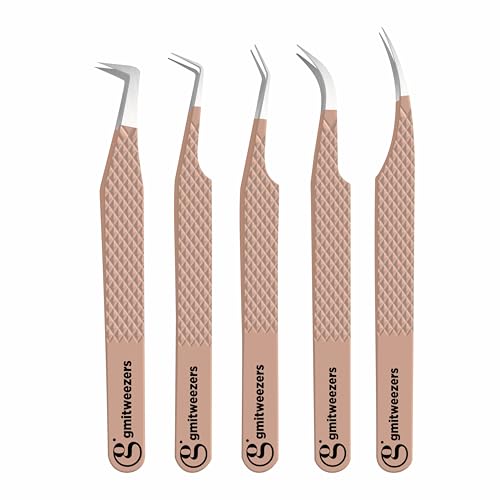 Nude Lash Tweezers Set of 5 - Stainless Steel Eyelash Extension & Makeup Tweezers