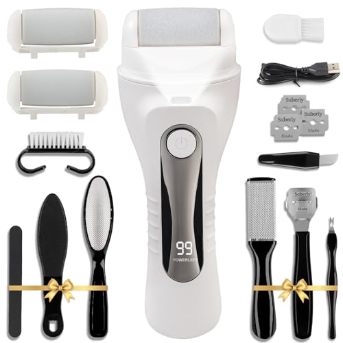 Electric Foot Scrubber File Callus Remover, 17-in-1 Professional Pedicure Kit, Waterproof Cracked Dry Dead Skin Removal for Feet Care, Wider 3 Rollers, 3 Speed, Battery Display