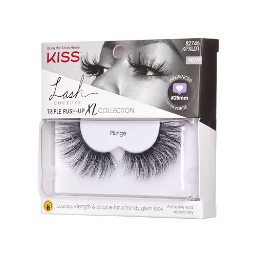 KISS Lash Couture Triple Push Up XL Collection False Eyelashes, 3D Volume in Extra Long Length with Triple Design Technology, Cruelty-Free and Reusable, Style 'Plunge', 1 Pair Fake Eyelashes