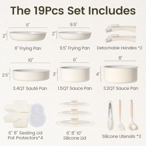 Ceramic Nonstick Cookware Set 19 Pieces with Detachable Handle - Induction Oven Safe Kitchen Pots and Pans