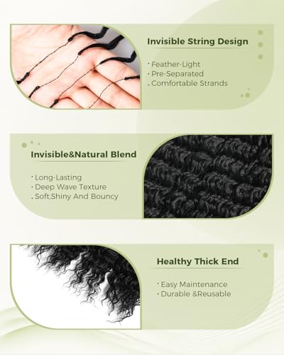 Deep Wave Feather Crochet Hair 22 Inch 100 Strands - Black, 1B Variation