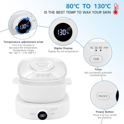 Wax Warmer for Hair Removal, Adjustable Temperature, Digital Display Professional Hot Wax Warmer Pot with Silicone Bowl, Timer setting£¬white