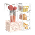 White ShellKingdom Makeup Brush Holder with Drawers & Pearls - Large Clear Cosmetic Organizer