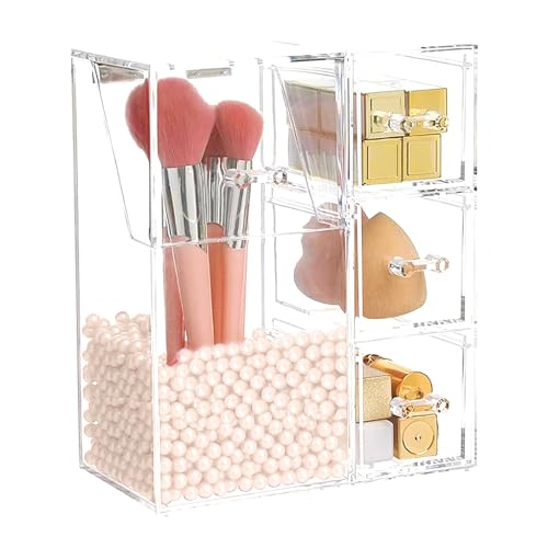 White ShellKingdom Makeup Brush Holder with Drawers & Pearls - Large Clear Cosmetic Organizer