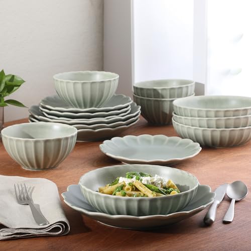 Malibu Shore Green 16-Piece Dinnerware Set Service for 4 Scalloped Stoneware