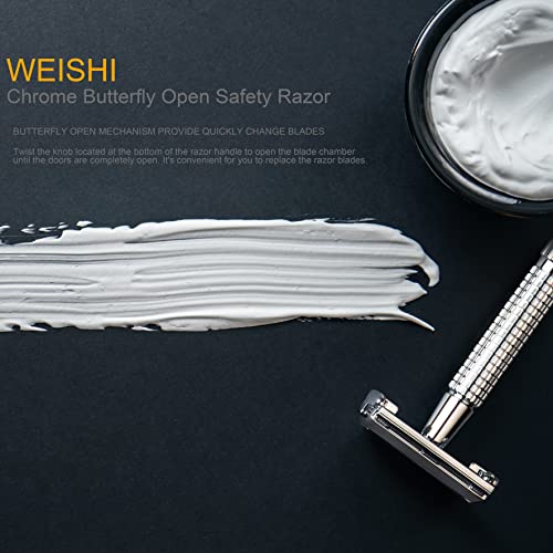 WEISHI Butterfly Open Double Edge Safety Razor for Men, Chrome Short Handle with 5 Stainless Razor Blades Included, Reusable Wet Shave Tool for Smooth, Close Shave
