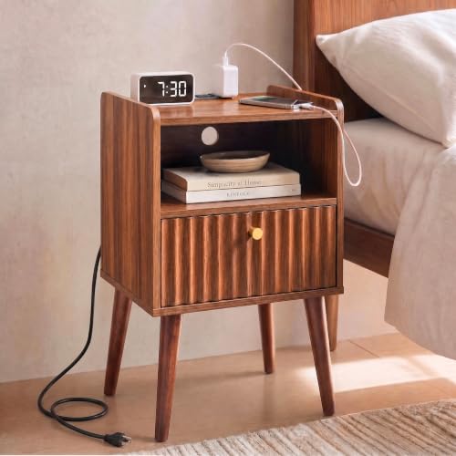 Nightstand with Charging Station - Walnut, 15.7" D x 11.8" W, Brown Variation